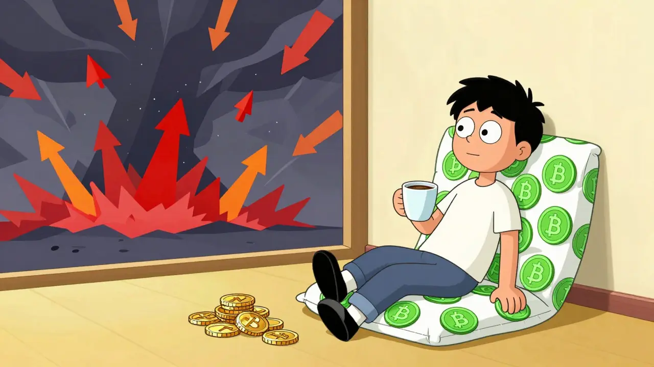 Calm character resting on stablecoins while market storms