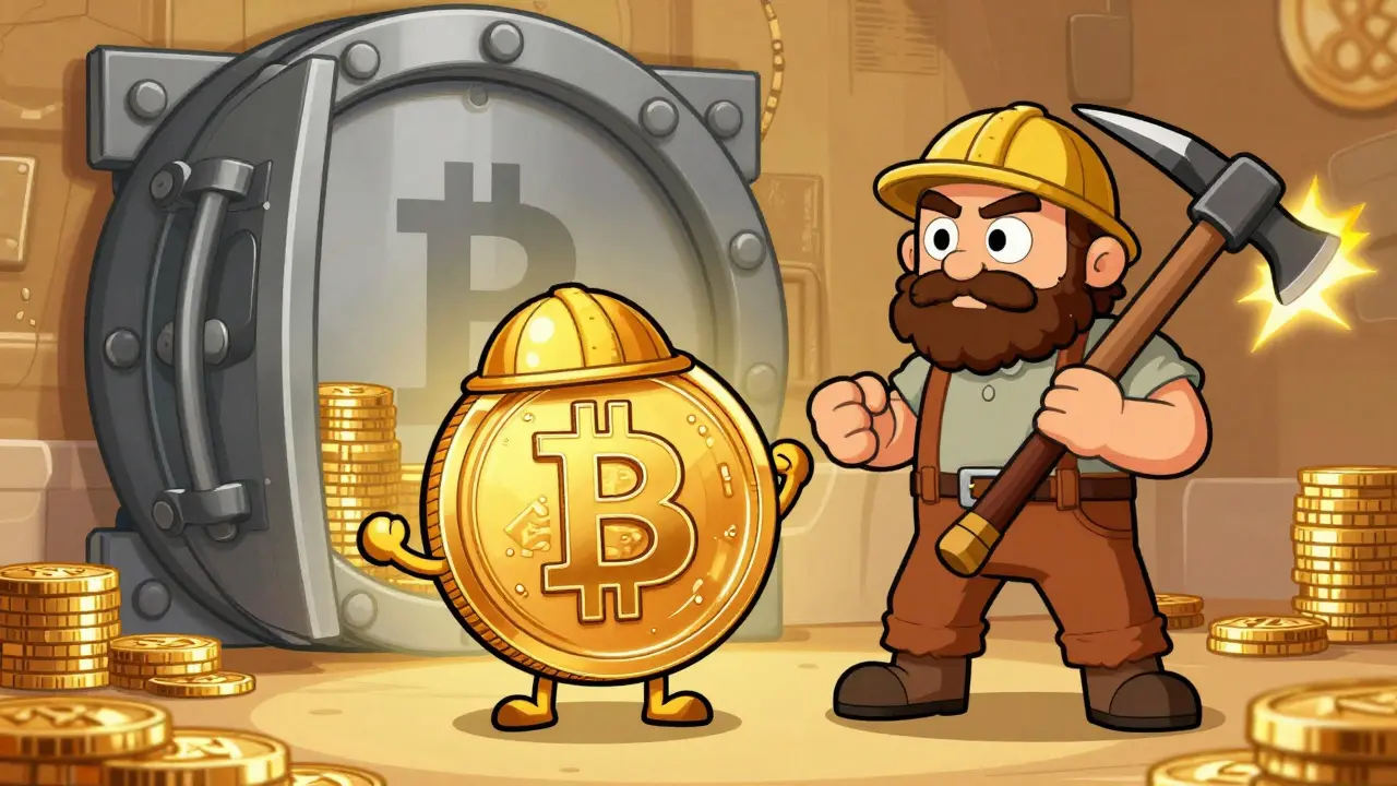Cartoon Bitcoin coin and miner representing digital gold and mining
