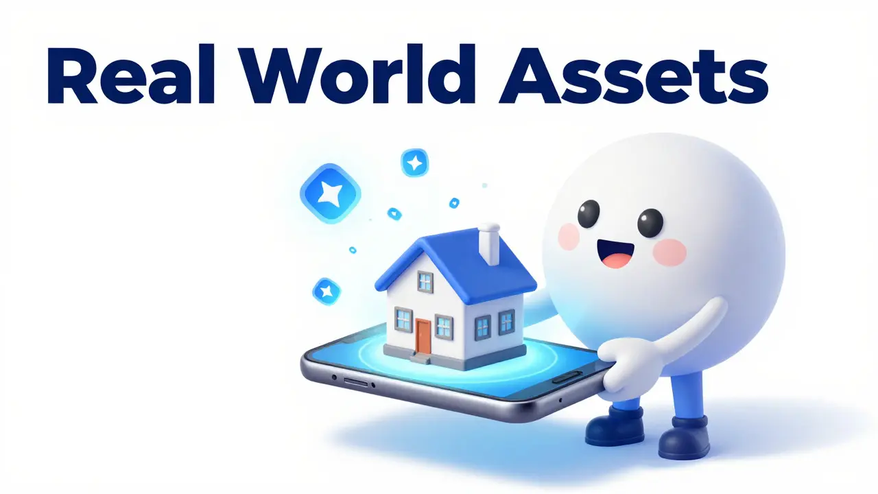 Cartoon character holding phone showing house splitting into crypto tokens