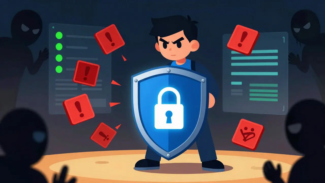 Cartoon character protecting wallet from scammers with a glowing shield