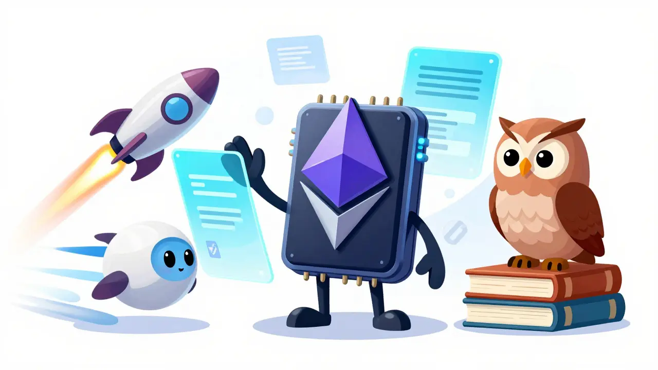 Cartoon characters representing Ethereum, Solana, and Cardano blockchains