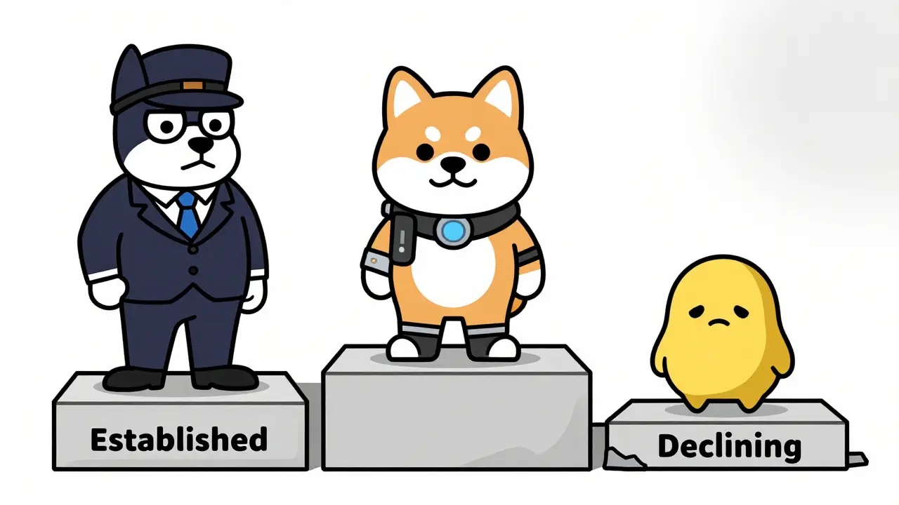 Cartoon comparing successful meme coins to declining Don't Buy Inu character