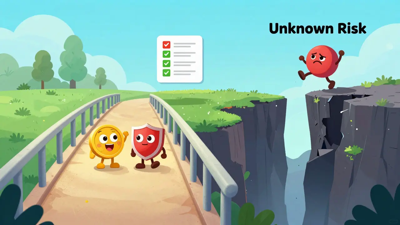 Cartoon comparison of a safe regulated bridge versus a dangerous scam cliff