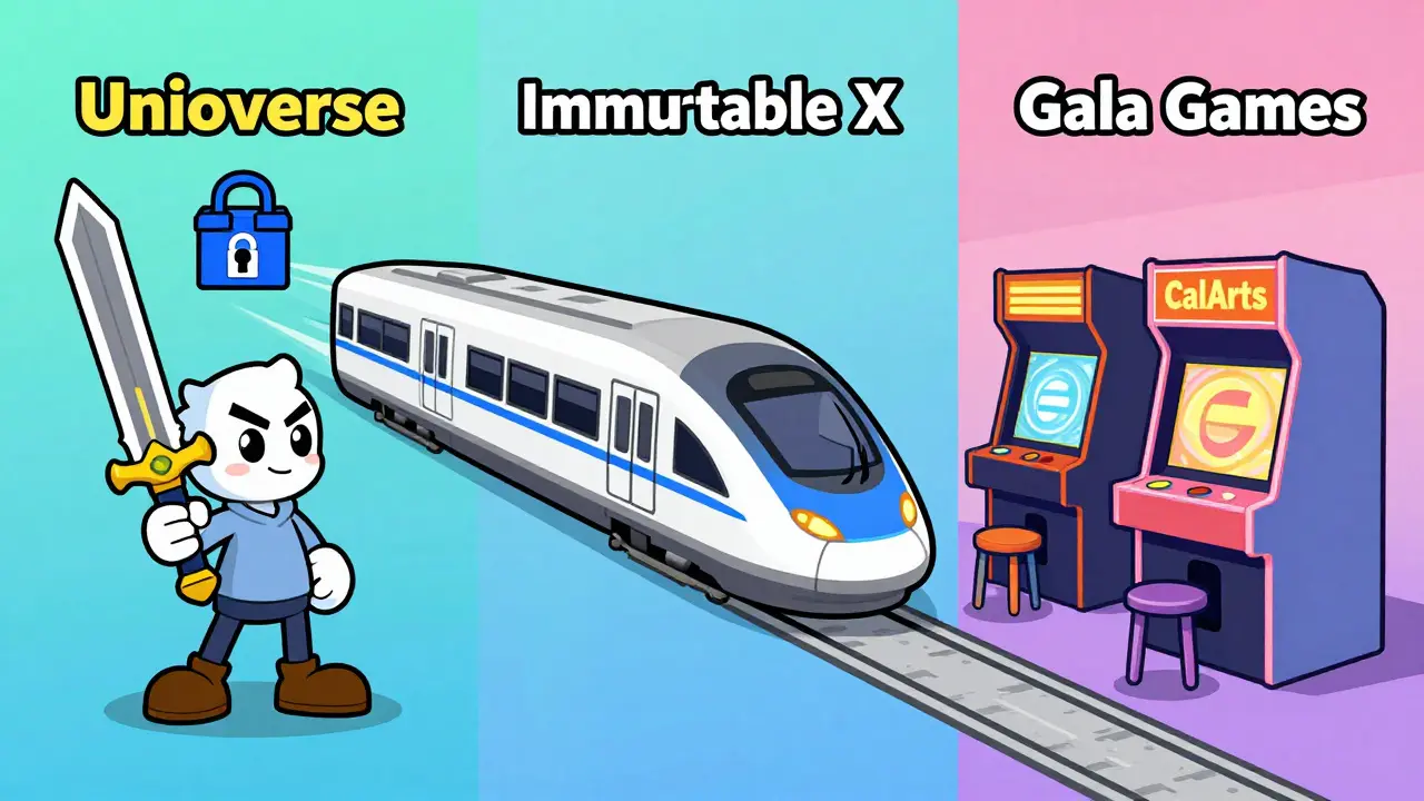 Cartoon comparison of Unioverse, Immutable X, and Gala