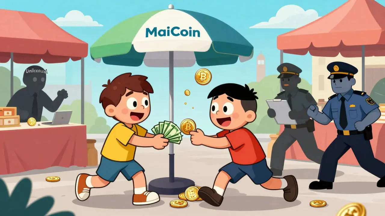 Cartoon of P2P crypto trade with regulators chasing unlicensed sellers