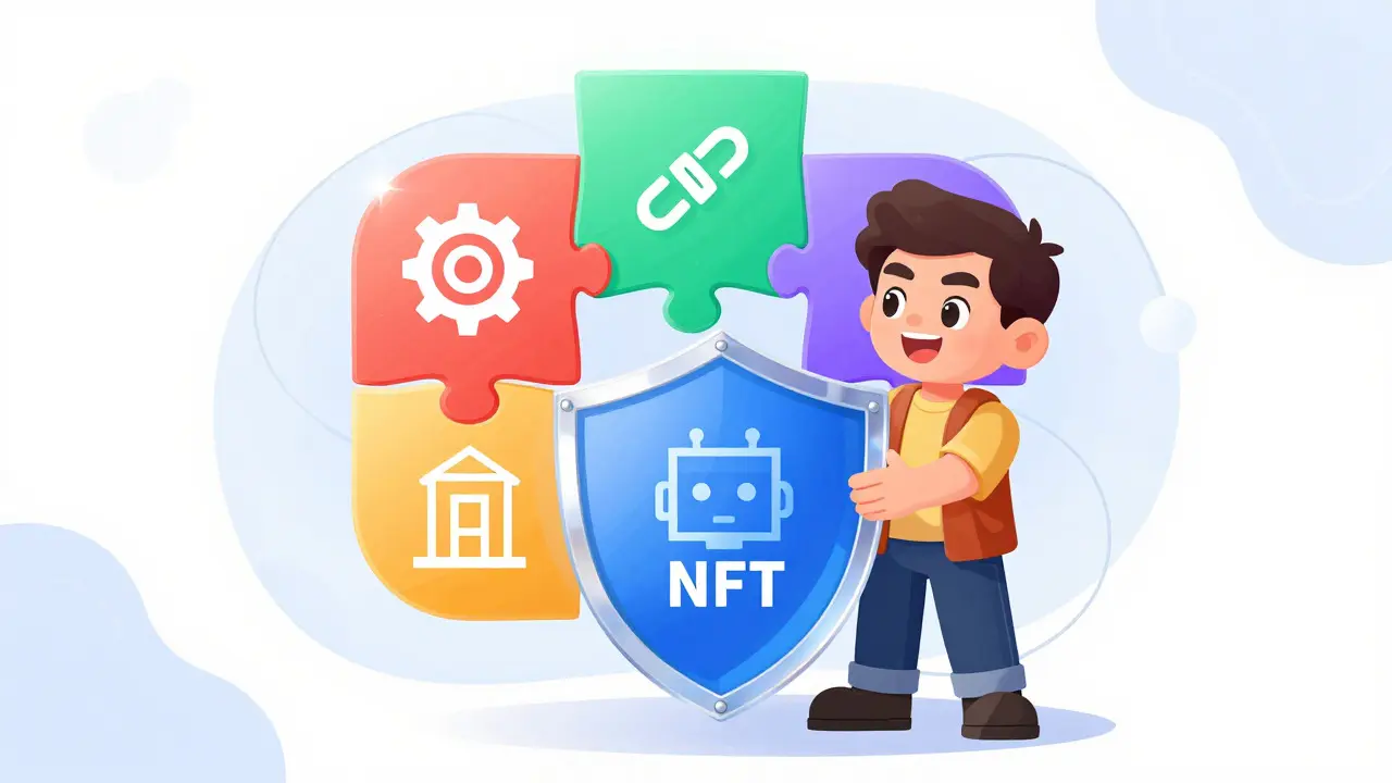 Character holding a shield made of diverse crypto sectors