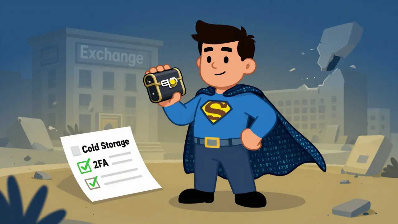 Character holding hardware wallet safely away from crumbling exchange