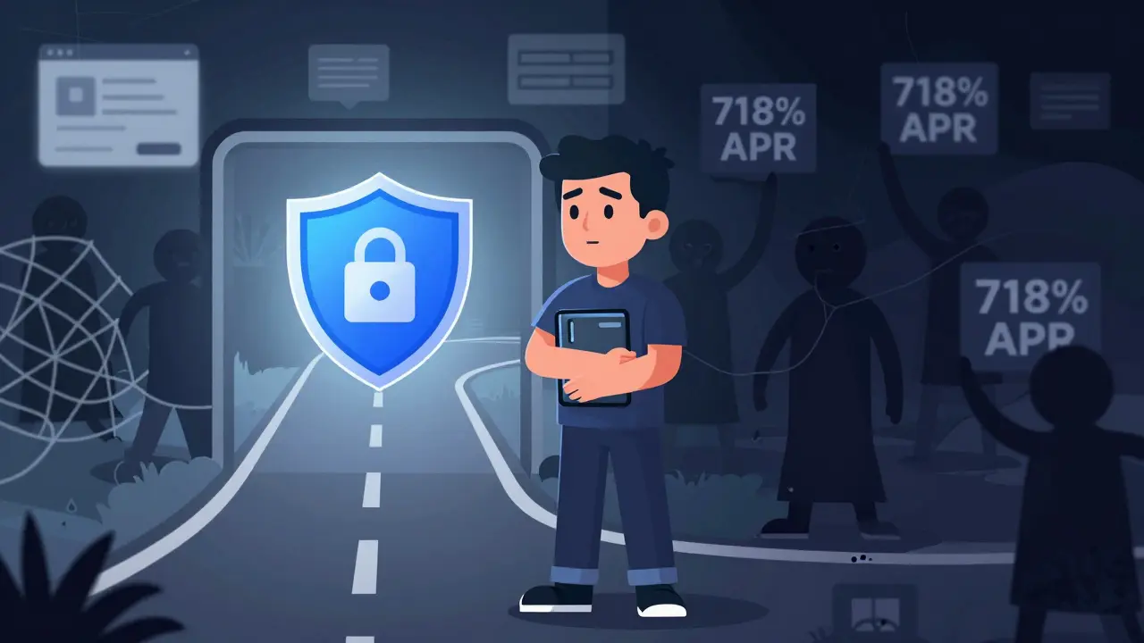 Character navigating security risks between safe paths and phishing scams