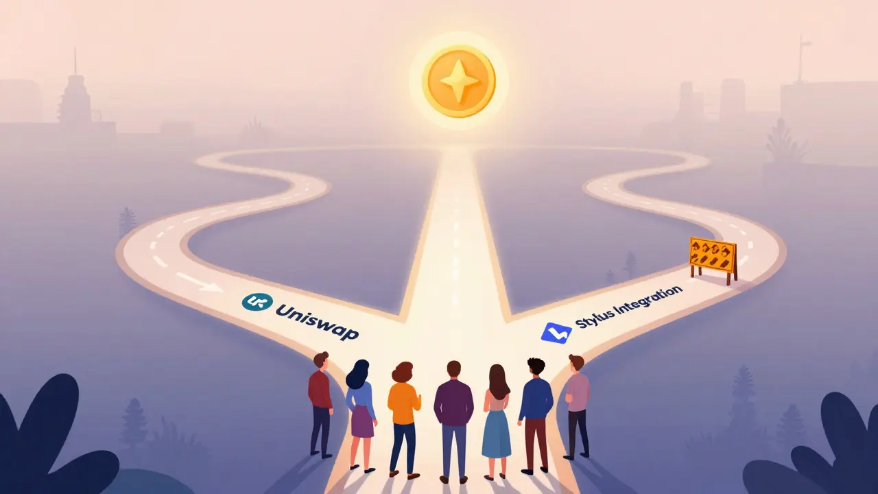Characters choosing paths in DeFi landscape