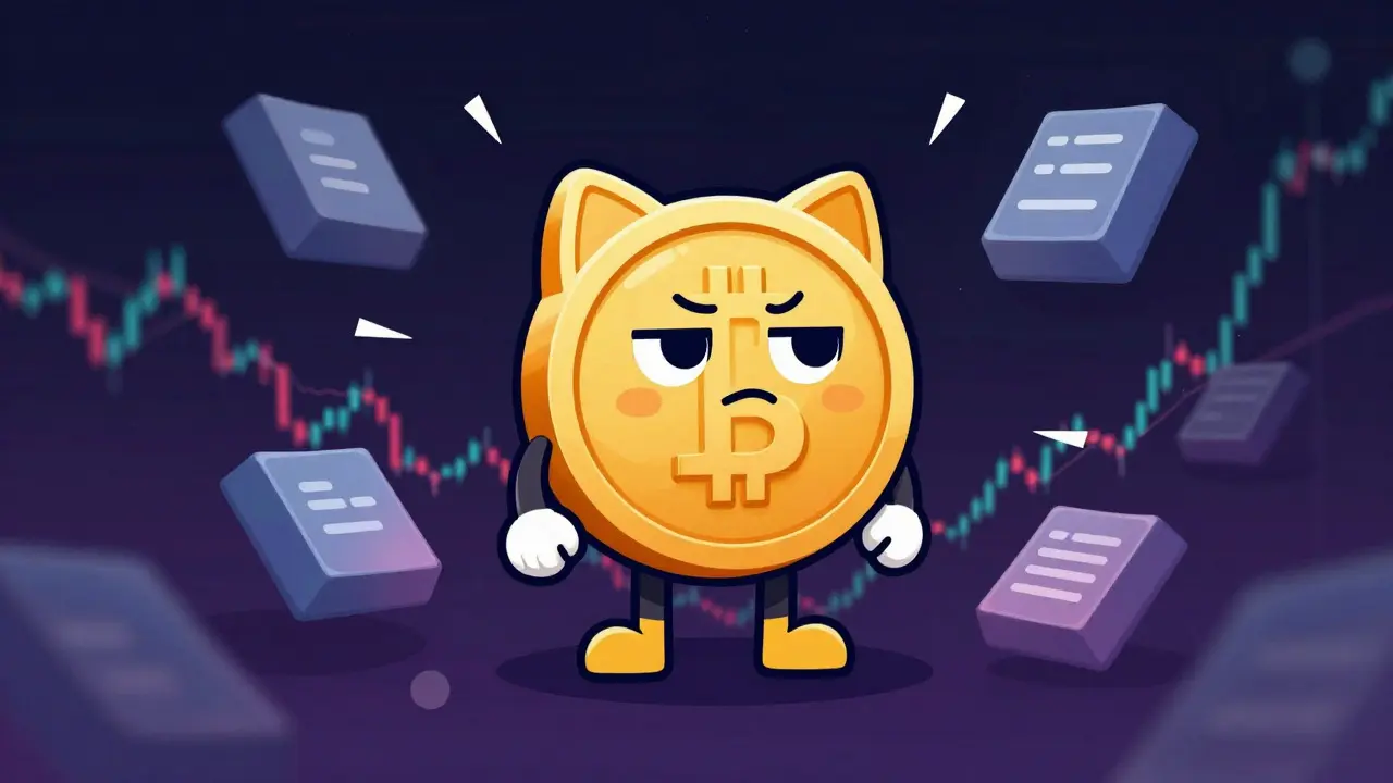 Confused cat-coin mascot surrounded by volatile price trends