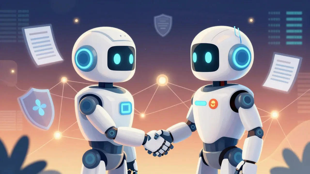 Friendly robot shaking hands with network nodes, symbolizing secure smart contracts