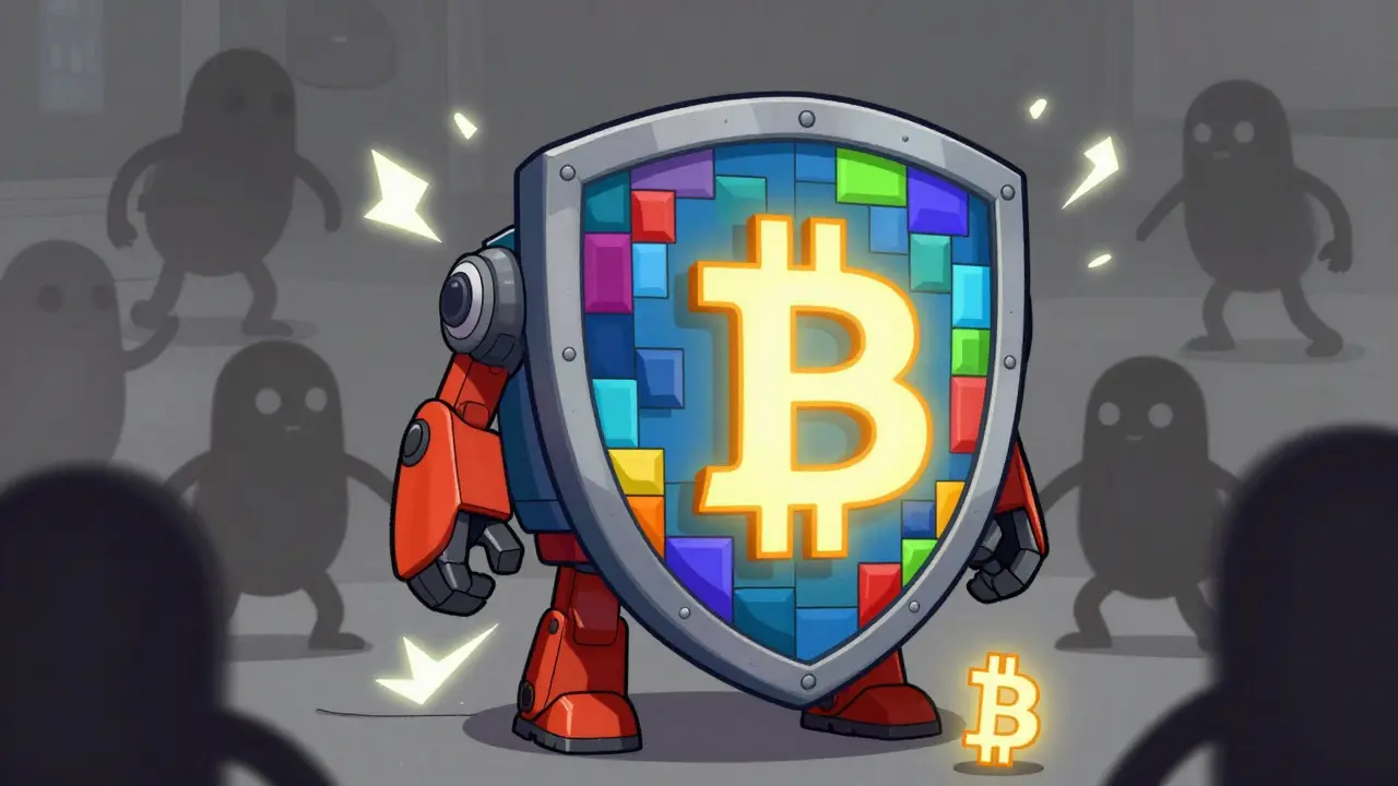 Friendly robot shield protecting a Bitcoin from shadowy attackers