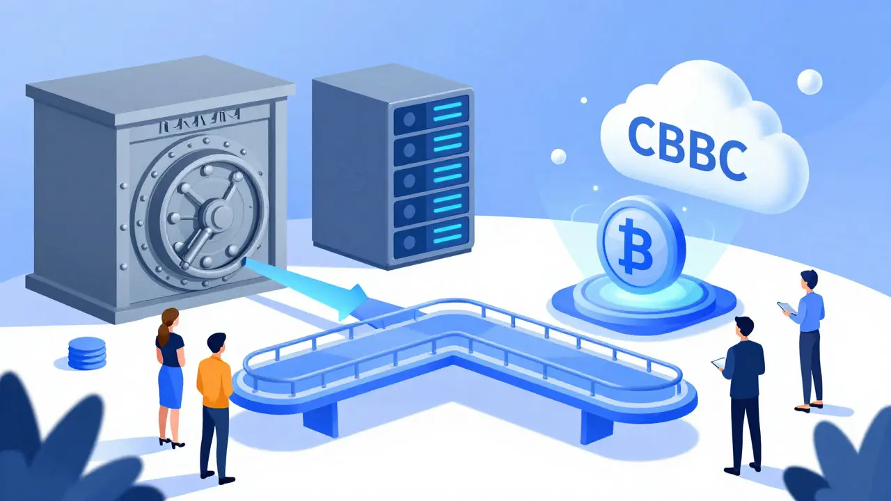 Futuristic bridge connecting banks to digital assets and CBDC