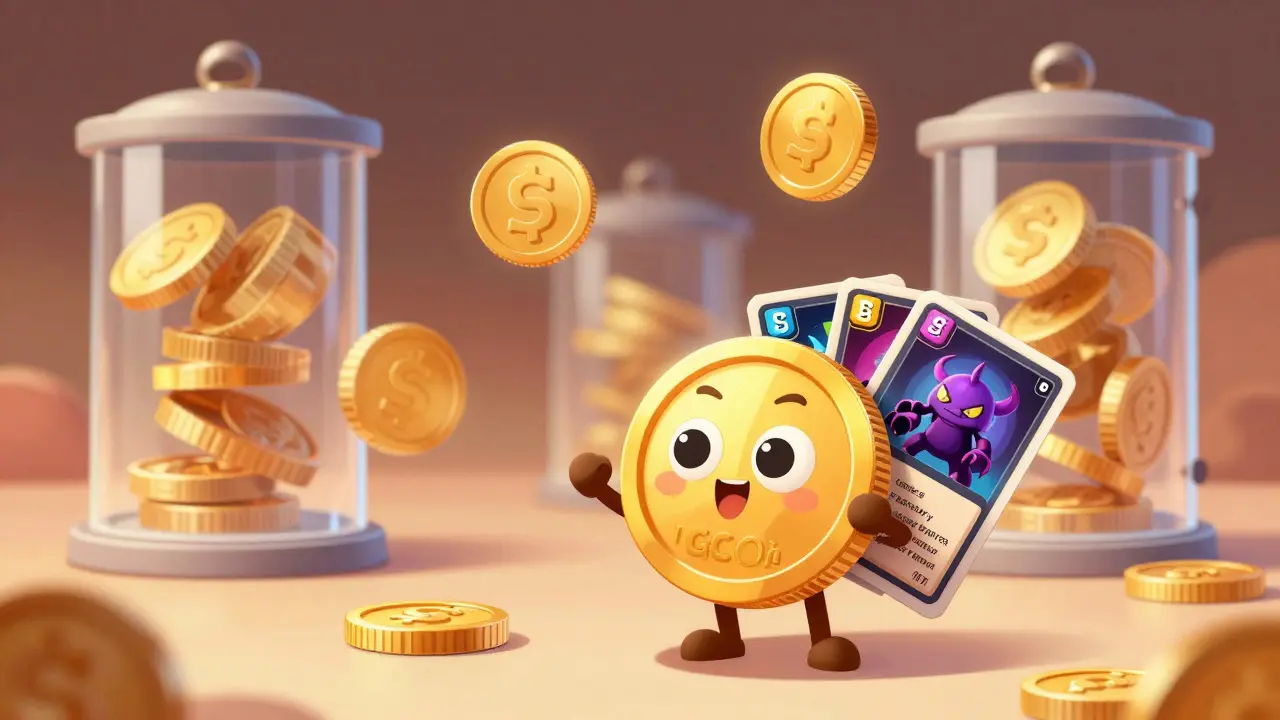 Golden coin character holding NFT cards in bright light