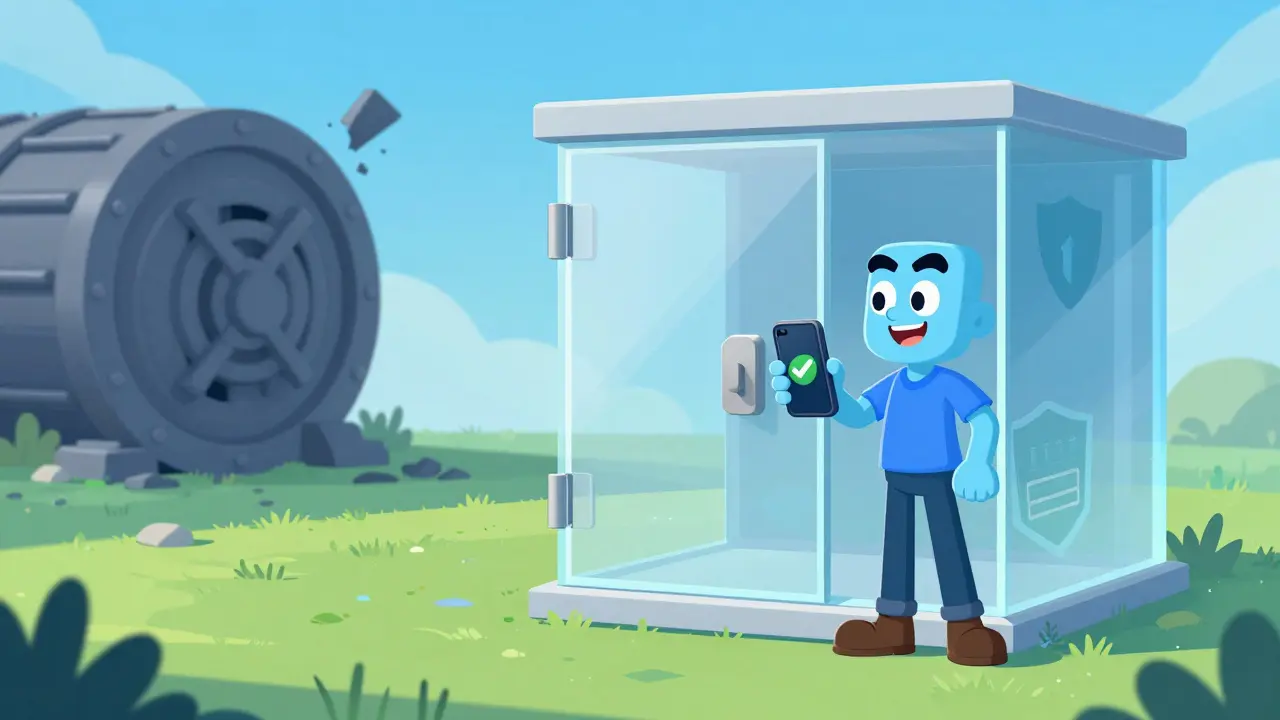 Happy character standing by a secure, transparent regulated crypto exchange.