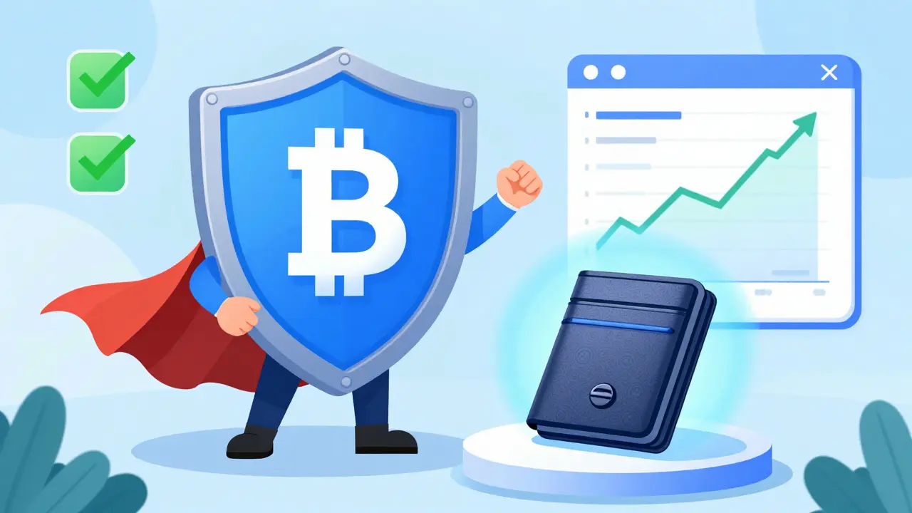 Happy user protected by shield and hardware wallet symbol