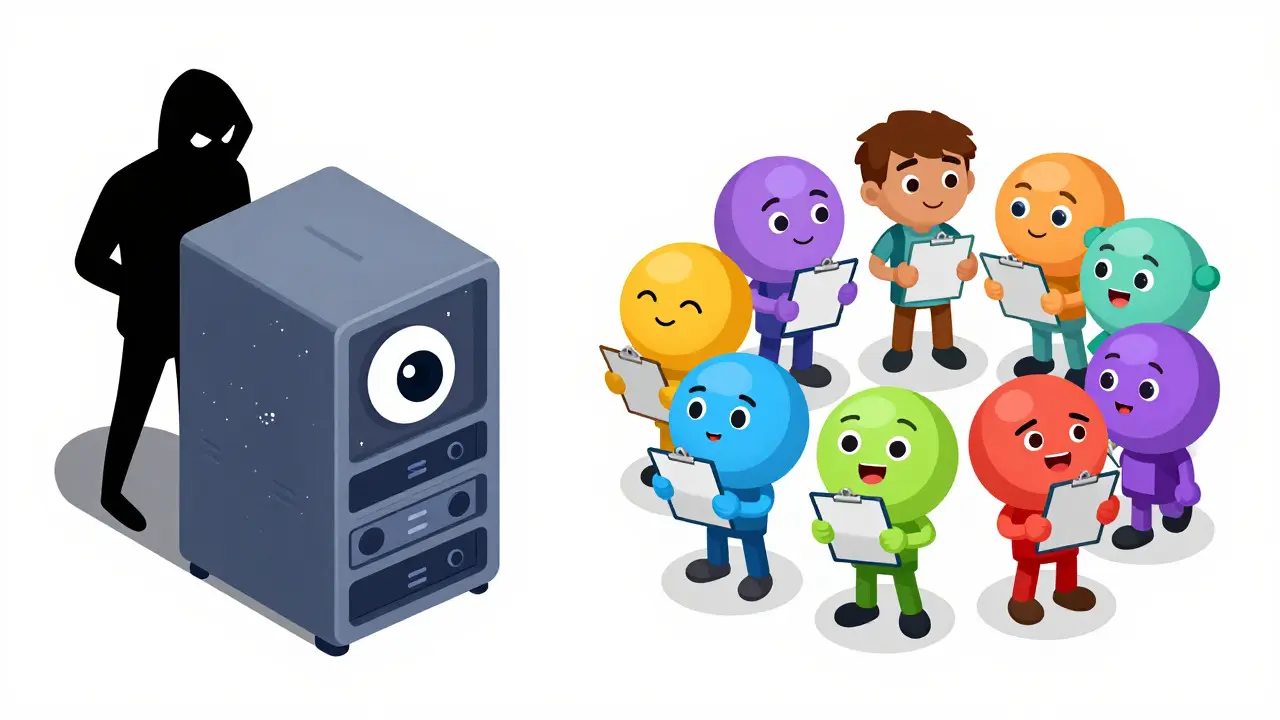 Illustration comparing vulnerable centralized server with secure decentralized node group