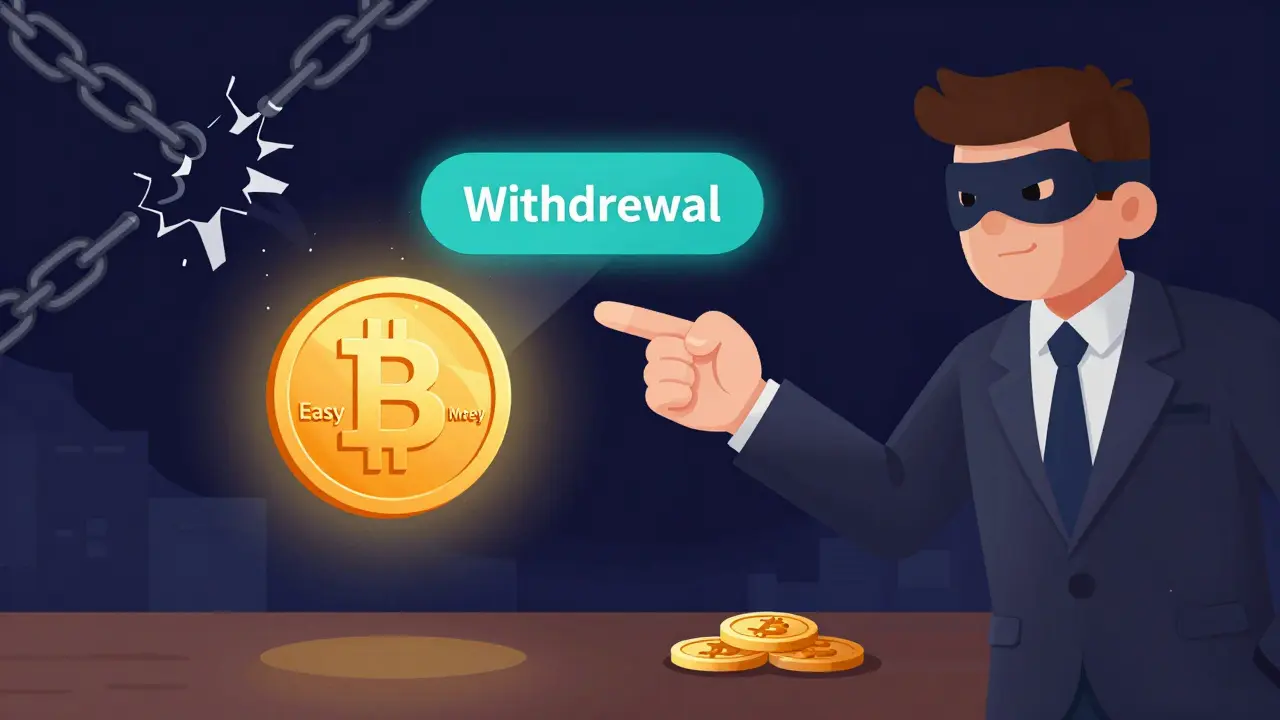 Illustration of a user being lured by a scammer's shiny fake coin trap.