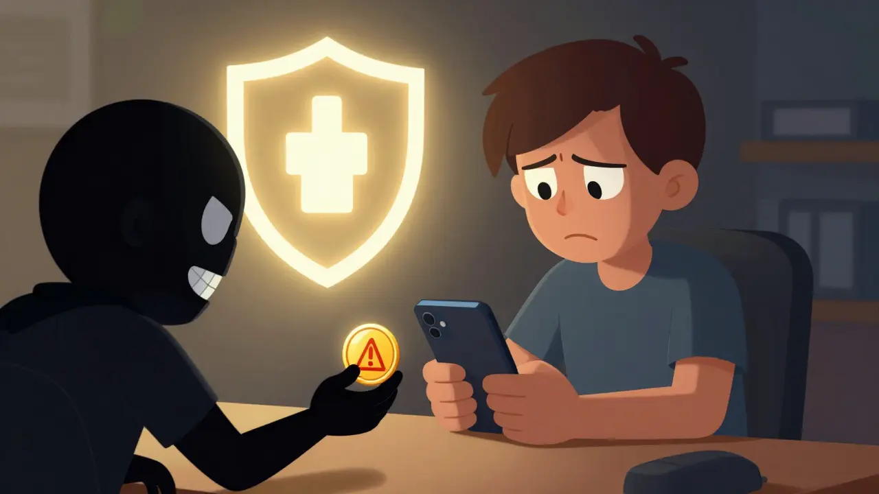 Illustration of a user guarding against a shady figure offering fake crypto tokens.