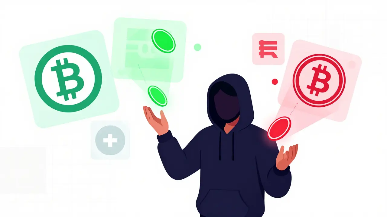 Illustration of dirty money mixing with clean crypto through multiple exchange hops