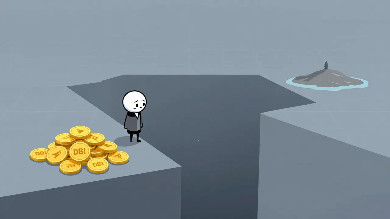 Illustration of investor trapped on edge of empty blockchain void with tokens