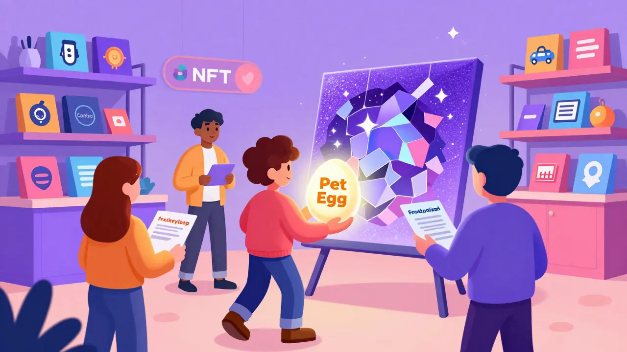 Illustration of users trading fractional NFTs and holding pet eggs in a marketplace