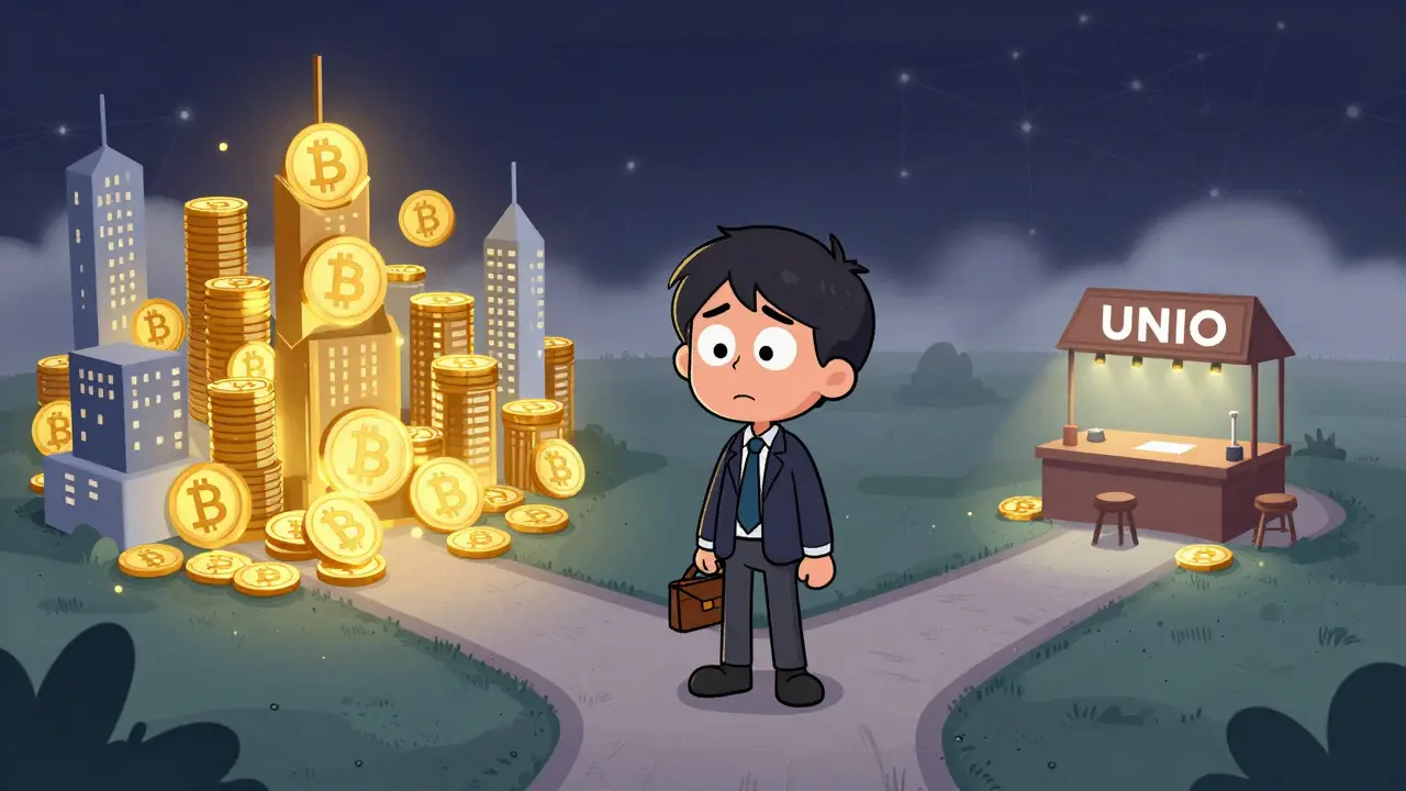 Investor choosing between risky and stable crypto paths