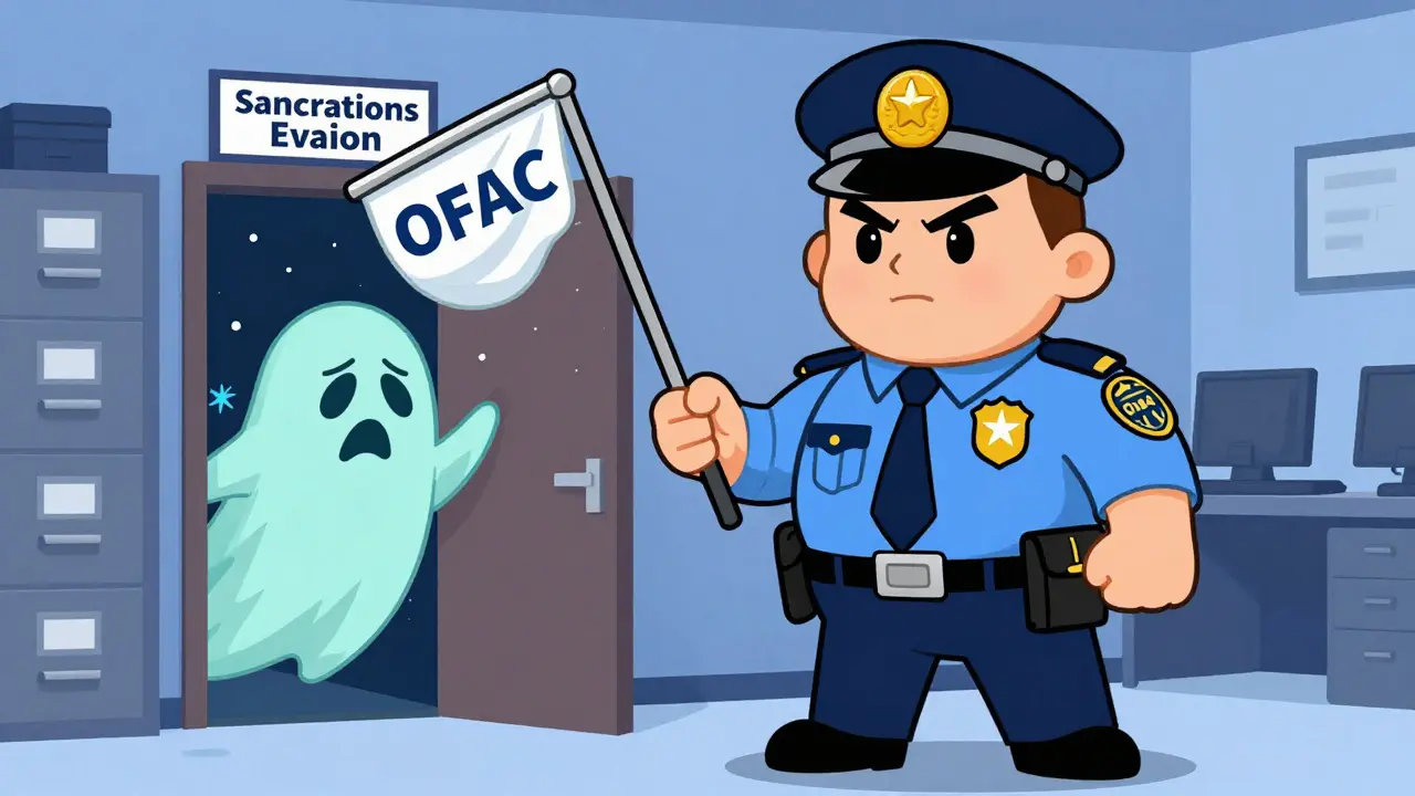 Regulatory agent catching sanctions evasion entity in CalArts cartoon style