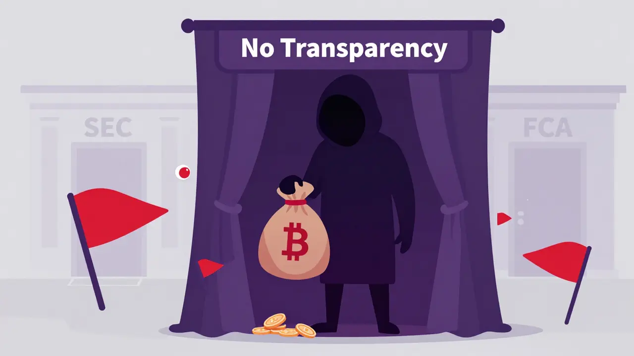 Shadowy anonymous figure hiding behind a curtain with floating red flags