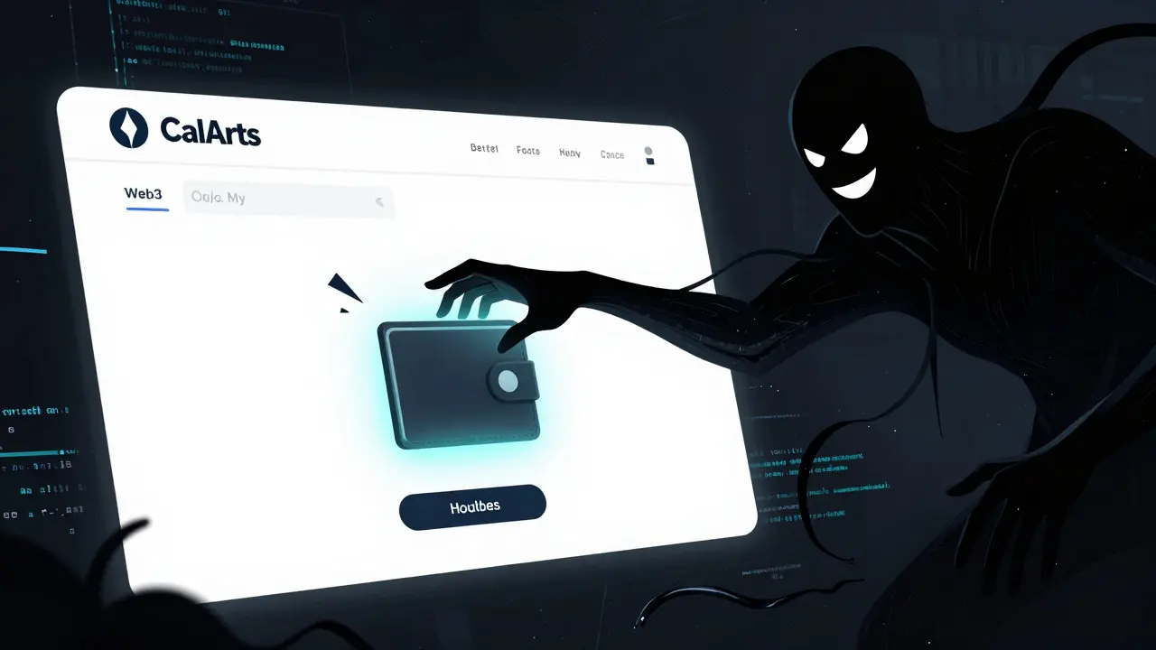 Shadowy scam monster grabbing a digital wallet from fake site
