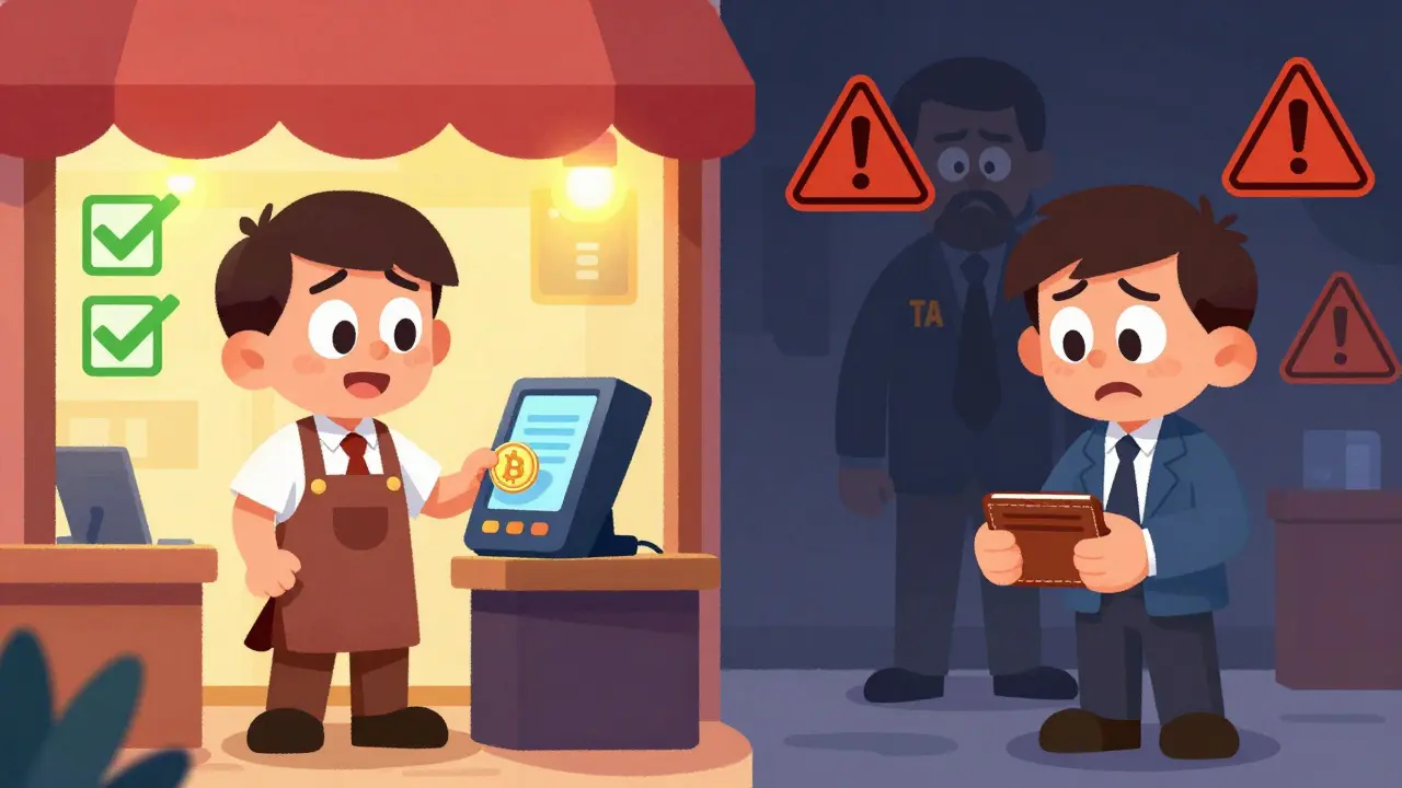 Shop owners comparing safe bank crypto vs risky direct pay