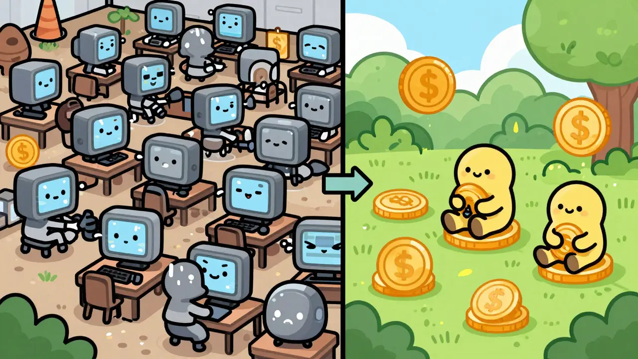 Split view of busy miners versus calm staking validators
