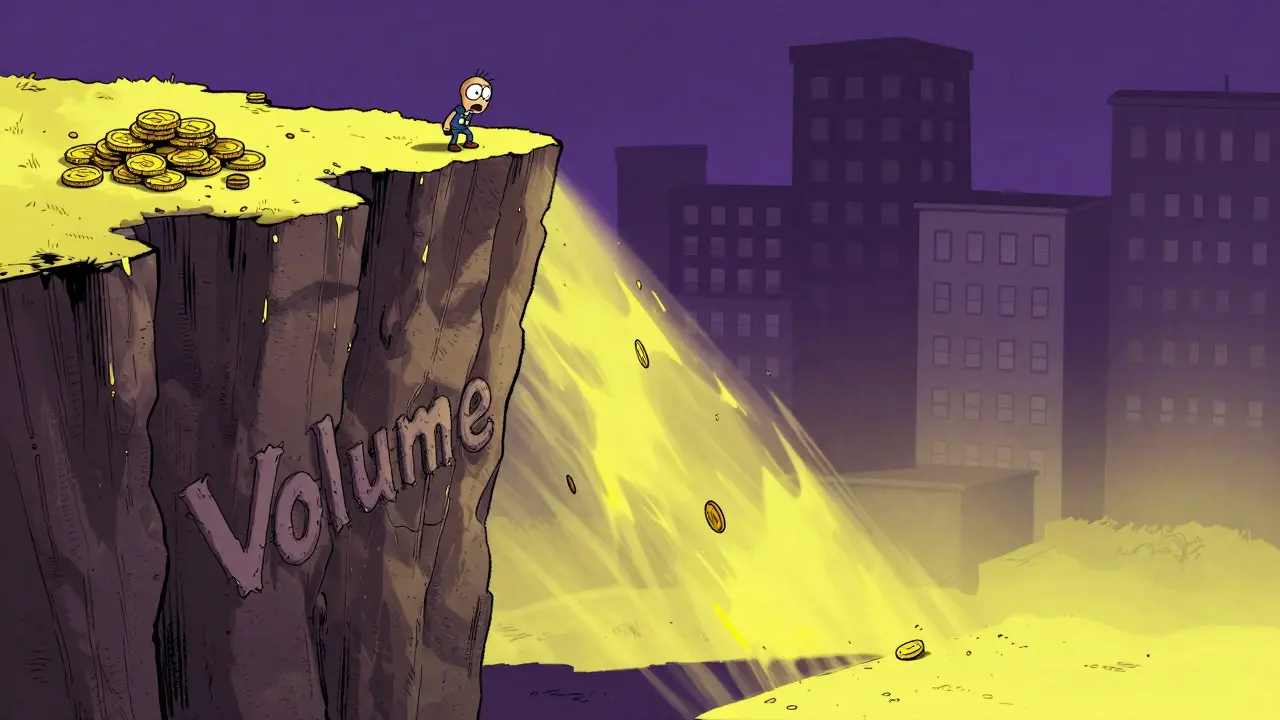 Steep cliff showing dramatic drop in trading volume coins