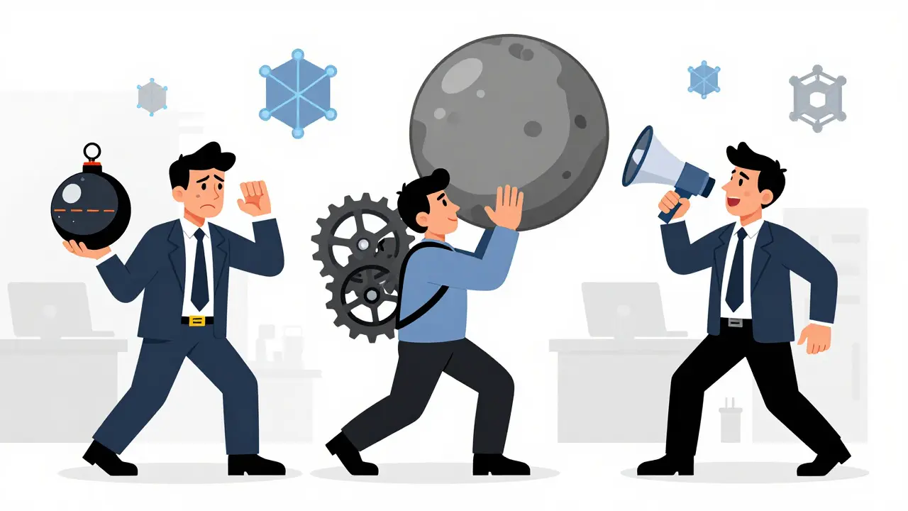 Three characters illustrating financial, operating, and strength leverage