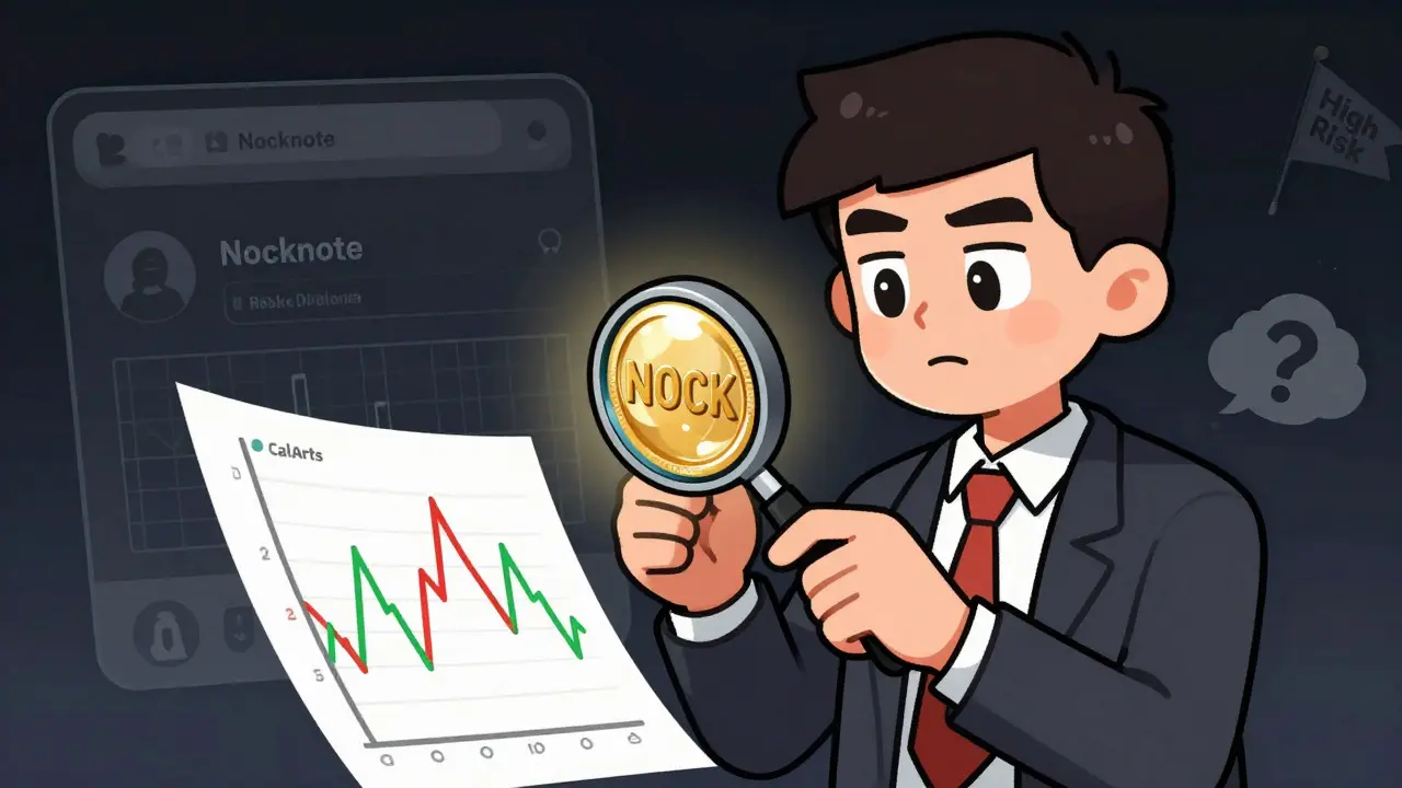 Trader inspecting volatile NOCK token chart with caution