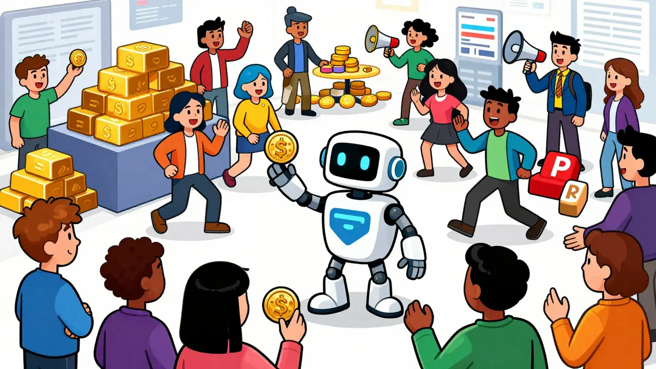 A busy digital marketplace where robots distribute tokens to various user groups