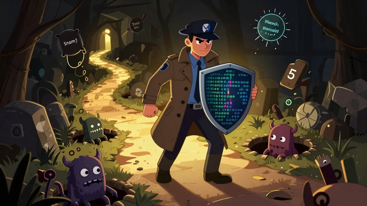 A detective character navigating a path full of crypto scam traps towards safety