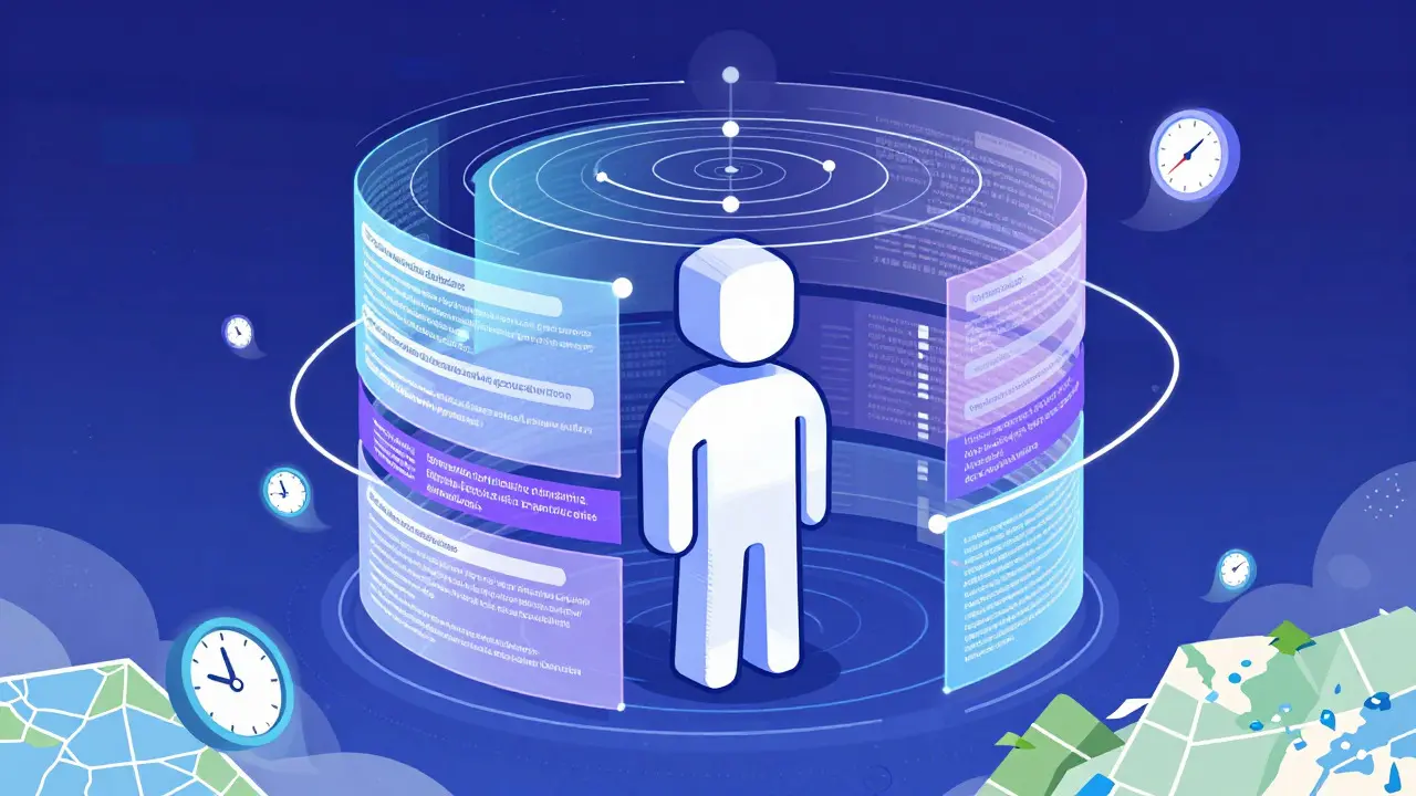 Abstract cartoon visualization of digital surveillance layers around a user