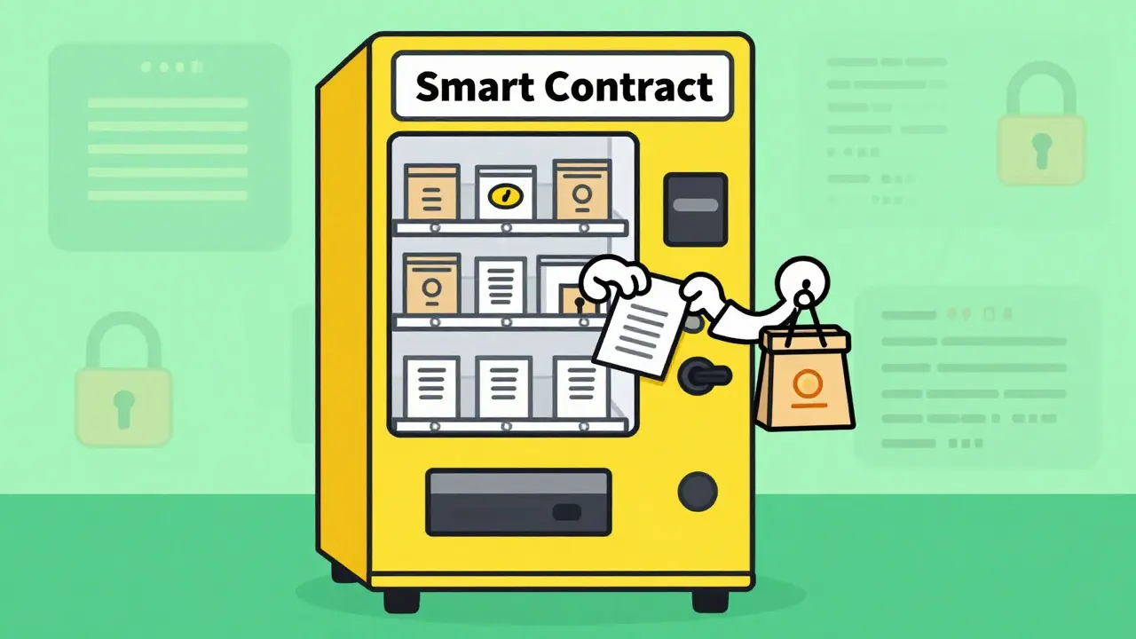 Anthropomorphic smart contract vending machine dispensing verified aid