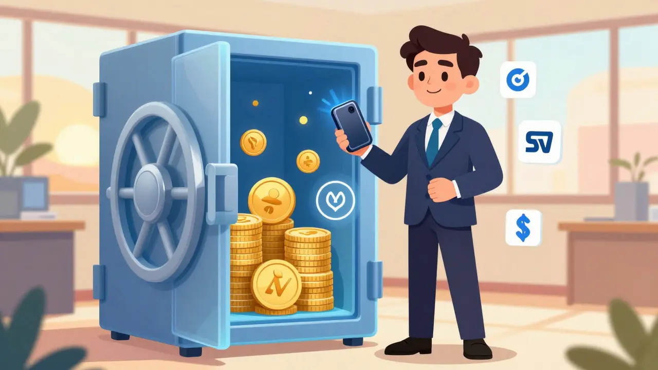 Business person securing assets in a vault with institutional partners, showing market adoption