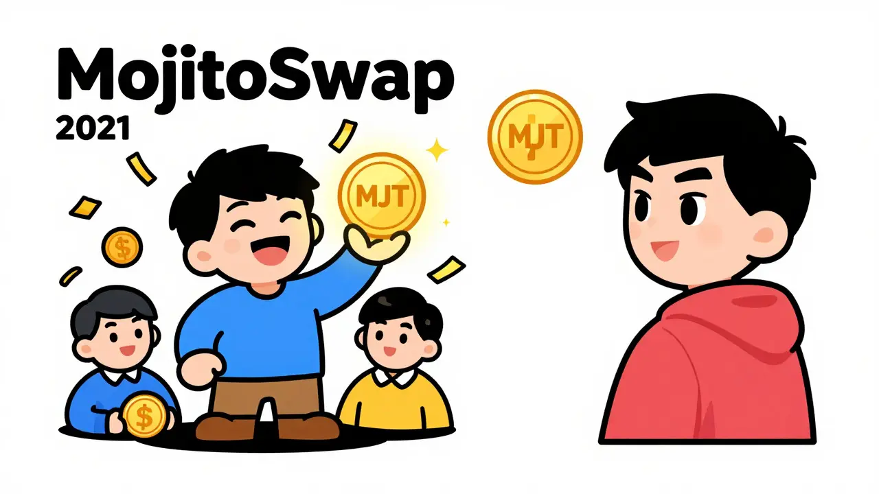 Cartoon comparison of MojitoSwap history and KCCSwap future