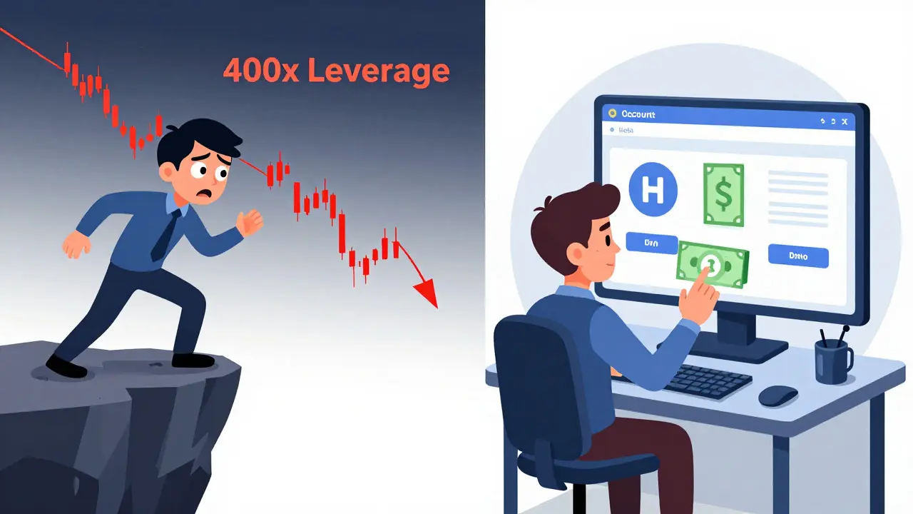 Cartoon comparison of risky leverage trading versus safe demo practice