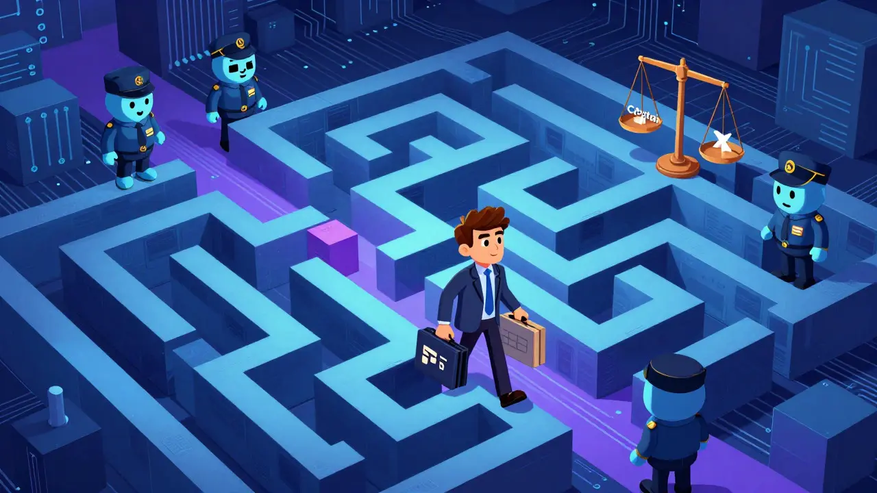 Cartoon depiction of an entrepreneur navigating a regulatory maze with compliance guards