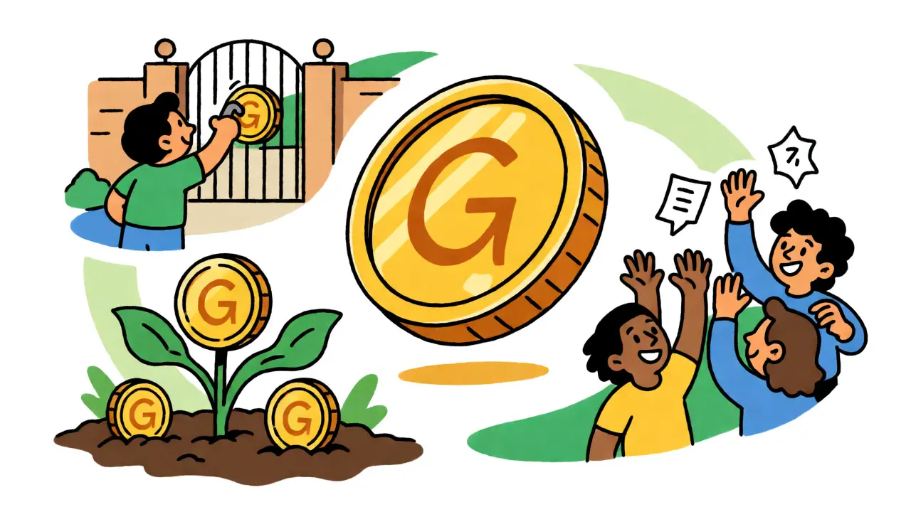 Cartoon depiction of GMPD token utilities: staking, voting, and tier access.