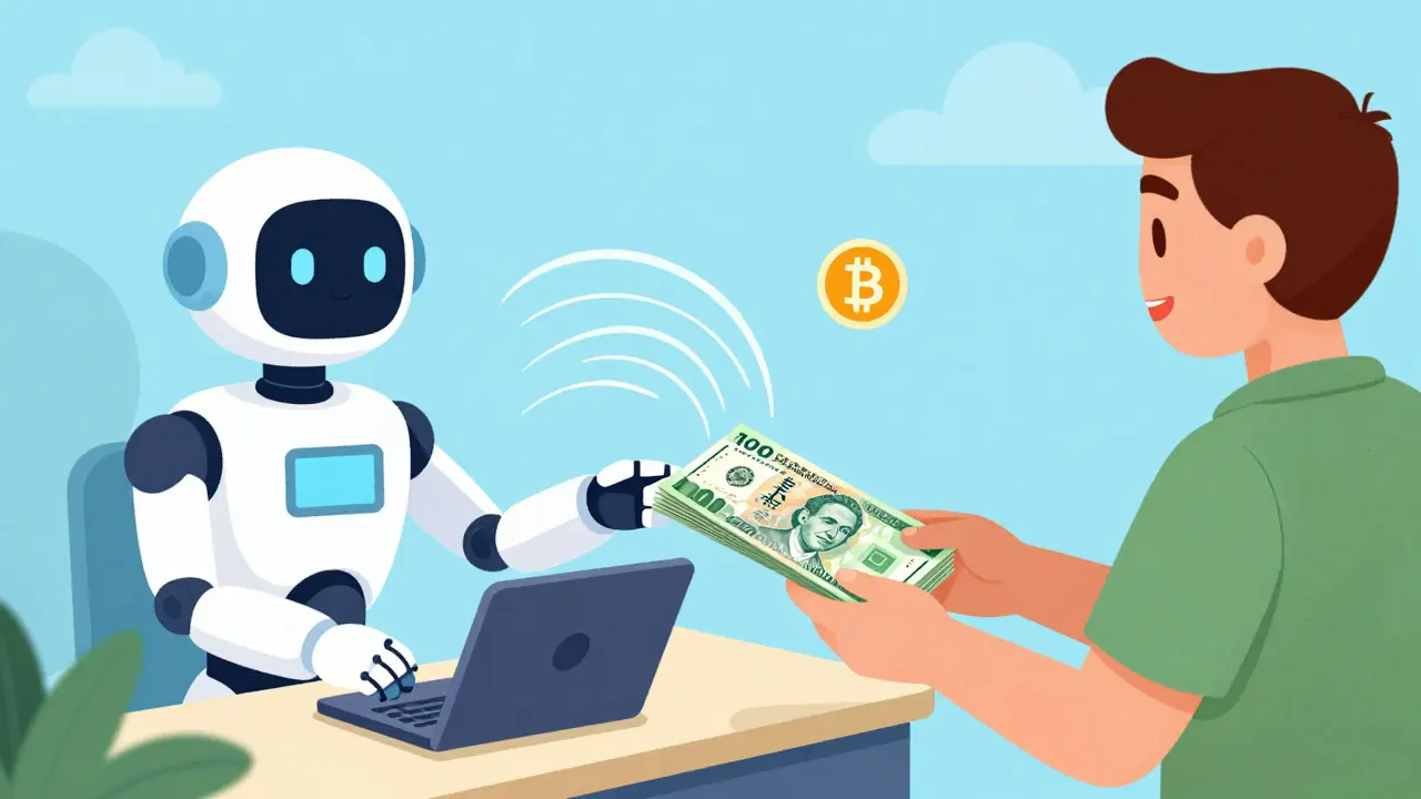 Cartoon showing a robot converting a digital coin into Naira banknotes for a merchant