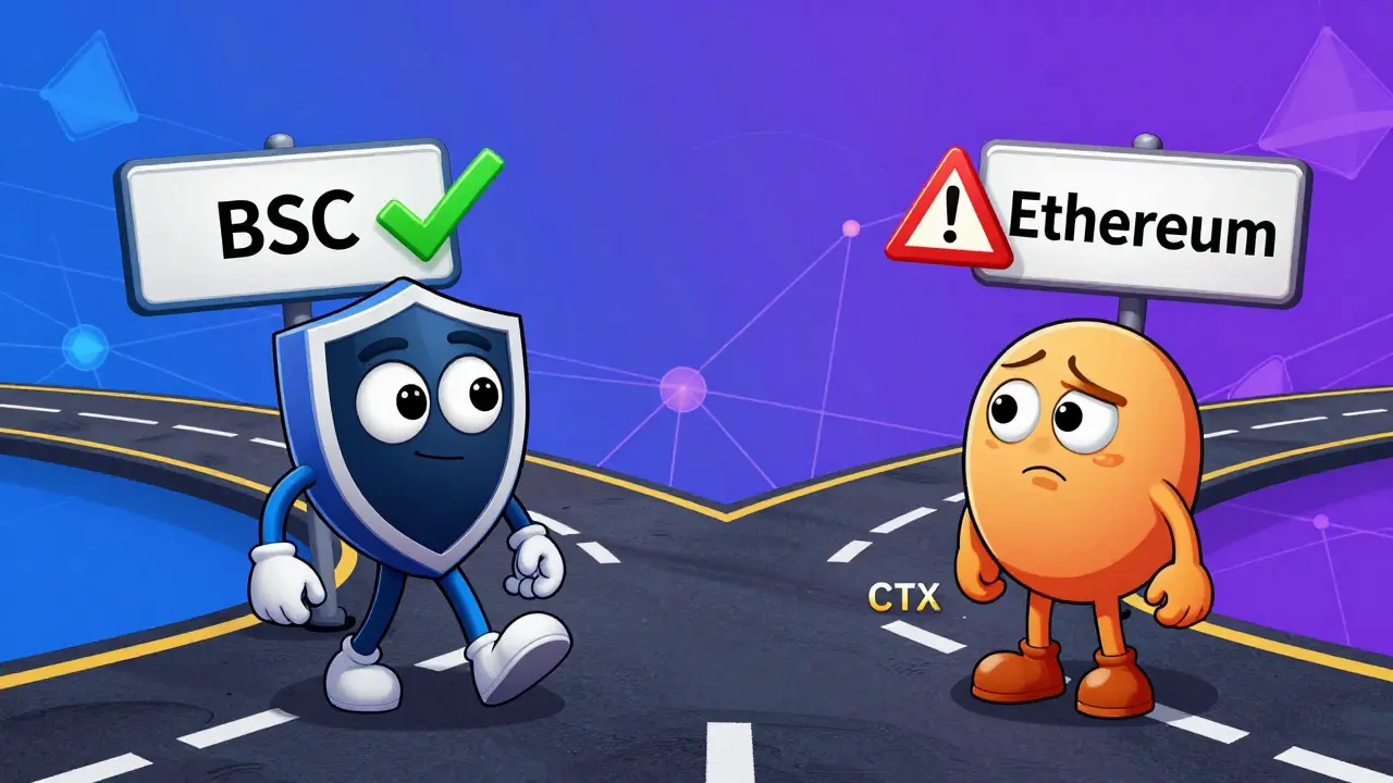 Cartoon showing the difference between CRX on BSC and CTX on Ethereum