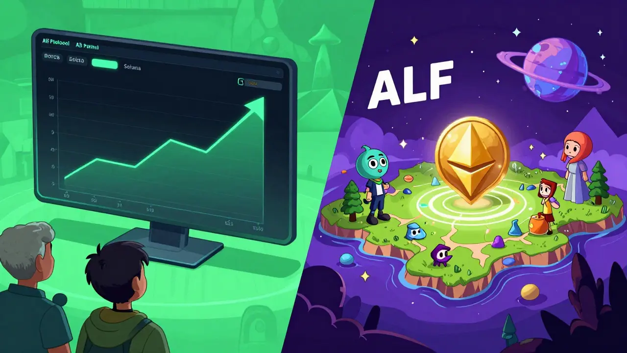 Cartoon split view contrasting DeFi protocol and fantasy lore crypto tokens