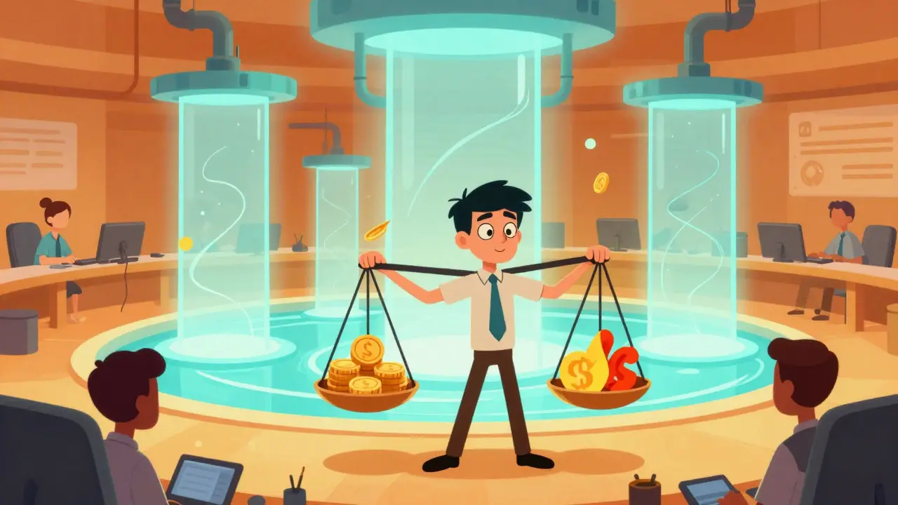 Character balancing trade costs and liquidity flows in a stylized trading hub