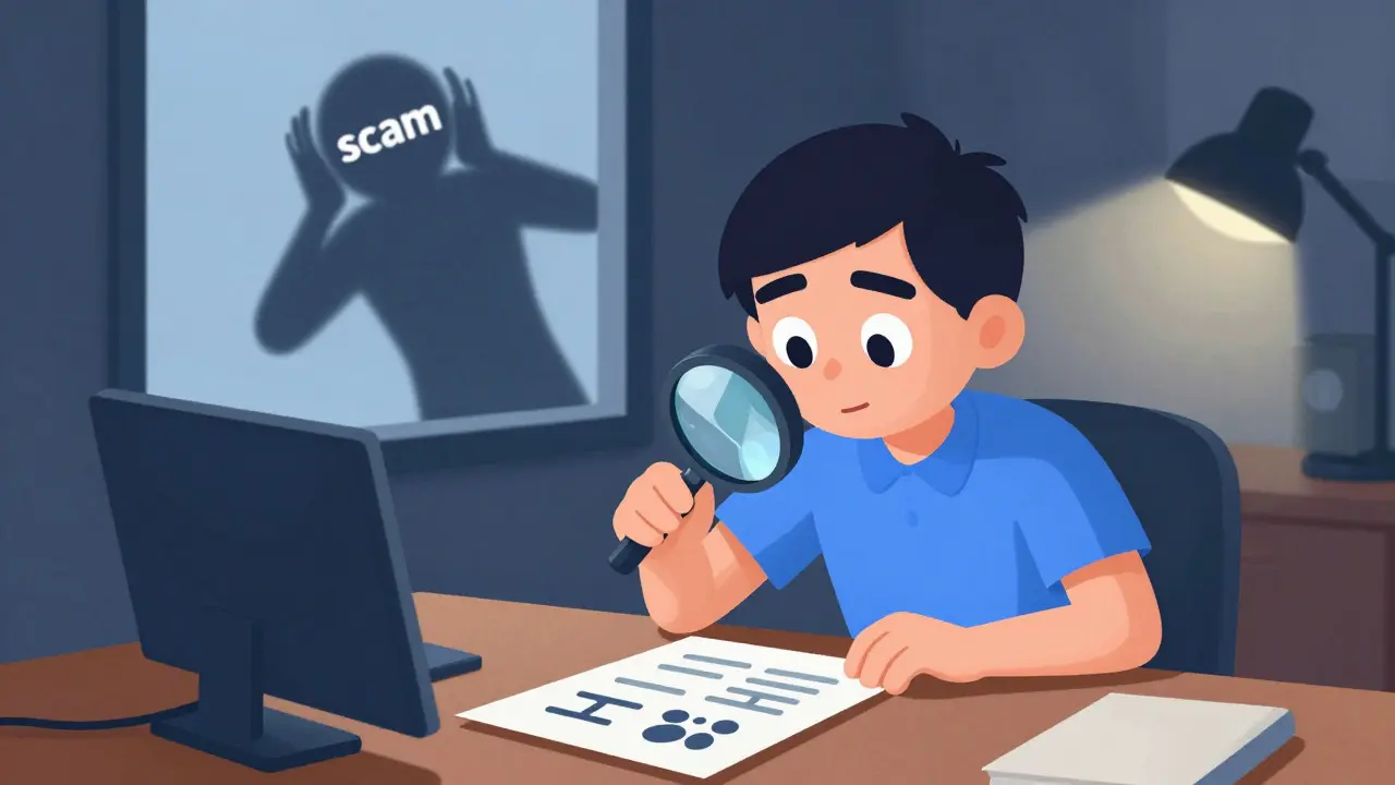Character inspecting documents with a magnifying glass while a shadow looms
