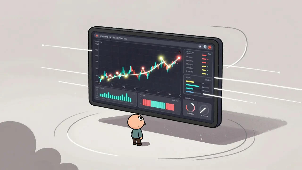 Character observing abstract, colorful data streams representing crypto markets